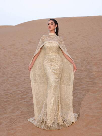 Faeriesty SHEIN X Hannahelzahed فستان ماكسي فاخر مرصع بالترتر واللؤلؤ مع رداء وذيل سمكة - أزياء راقية عالية المستوى ، فستان حورية البحر ، فستان سجادة حمراء معتمد من النجوم للحفلات الراقية والسهرات والأعراس ، رسمي أنيق للربيع والعطلات