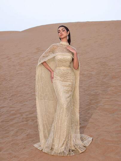 Faeriesty SHEIN X Hannahelzahed فستان ماكسي فاخر مرصع بالترتر واللؤلؤ مع رداء وذيل سمكة - أزياء راقية عالية المستوى ، فستان حورية البحر ، فستان سجادة حمراء معتمد من النجوم للحفلات الراقية والسهرات والأعراس ، رسمي أنيق للربيع والعطلات