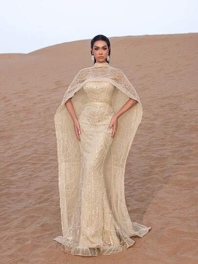 Faeriesty SHEIN X Hannahelzahed فستان ماكسي فاخر مرصع بالترتر واللؤلؤ مع رداء وذيل سمكة - أزياء راقية عالية المستوى ، فستان حورية البحر ، فستان سجادة حمراء معتمد من النجوم للحفلات الراقية والسهرات والأعراس ، رسمي أنيق للربيع والعطلات