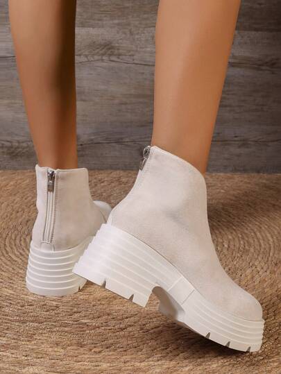 بوت كاحل نسائية جديدة لموسم الخريف/الشتاء، بلون أحادي، بسيطة ولكن أنيقة، من الجلد المدبوغ بكعب سميك ومنصة، طراز كلاسيكي، بوت دراجة نارية بأصابع مستديرة وكعب عالي