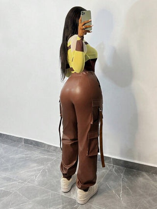 Slaydiva سروال بخصر عالٍ من جلد الغزال مع جيب وسحاب - رجل بني, بنطلون نساء كاجوال عصري - M