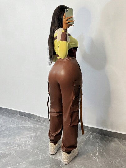 Slaydiva سروال بخصر عالٍ من جلد الغزال مع جيب وسحاب - رجل بني, بنطلون نساء كاجوال عصري - M