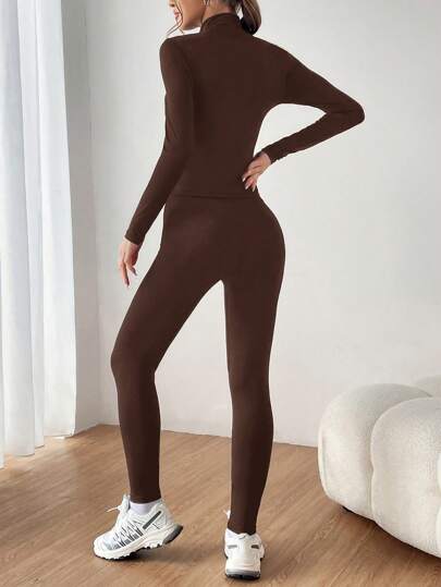 SHEIN EZwear طقم رياضي من قطعتين أسود جاكيت مزودة بسوستة وتنورة ضيقة