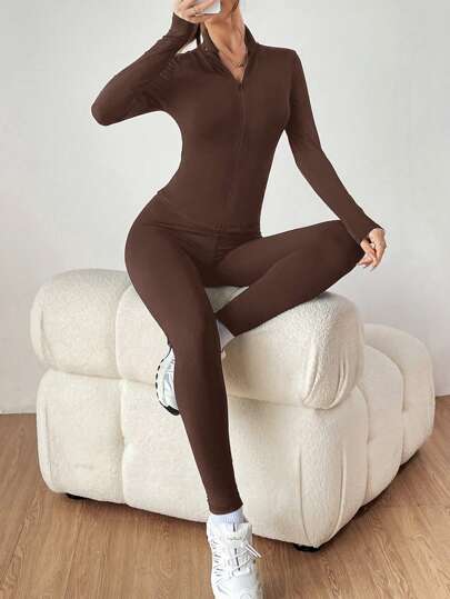 SHEIN EZwear طقم رياضي من قطعتين أسود جاكيت مزودة بسوستة وتنورة ضيقة