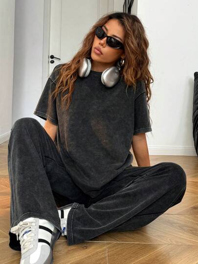 EZwear بنطال استقامة ساقين فضفاض منحني بغسيل ممزق، قميص طاقم أكمام قصيرة كاجوال خريفي شتوي