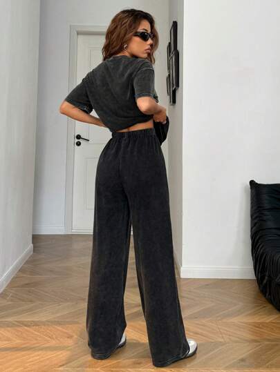 EZwear بنطال استقامة ساقين فضفاض منحني بغسيل ممزق، قميص طاقم أكمام قصيرة كاجوال خريفي شتوي