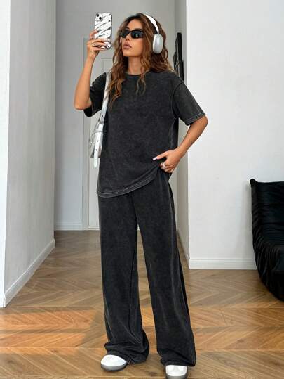 EZwear بنطال استقامة ساقين فضفاض منحني بغسيل ممزق، قميص طاقم أكمام قصيرة كاجوال خريفي شتوي