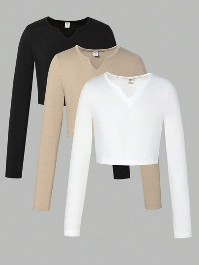 SHEIN تي شيرت كاجوال وأنيق للفتيات بأكمام طويلة وياقة على شكل V لون سادة، خريف/شتاء