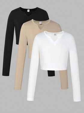 SHEIN تي شيرت كاجوال وأنيق للفتيات بأكمام طويلة وياقة على شكل V لون سادة، خريف/شتاء