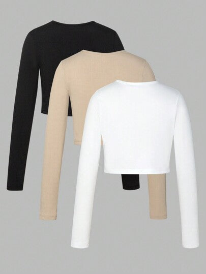 SHEIN تي شيرت كاجوال وأنيق للفتيات بأكمام طويلة وياقة على شكل V لون سادة، خريف/شتاء