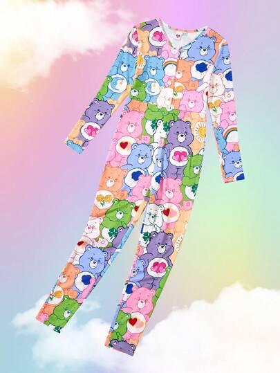 بيجاما X Care Bears جمبسوت نوم وملابس منزلية كاجوال مصنوعة من الحياكة الملونة بطباعة الشمس والقلب على شكل دب كرتوني للفتيات المراهقات