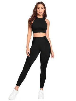 SHEIN Sport Studio ملابس رياضية للنساء تتكون من سترة بدون أكمام واقتصادية مع بنطلون طويل من قماش بلون واحد، مجموعة مُناسبة للتمارين الرياضية والرقص وال- yoga