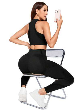 Gameset SHEIN Sport ملابس رياضية للنساء تتكون من سترة بدون أكمام واقتصادية مع بنطلون طويل من قماش بلون واحد، مجموعة مُناسبة للتمارين الرياضية والرقص وال- yoga