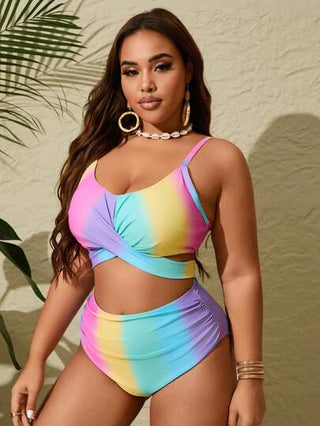 SHEIN Slayr CURVE بيكيني بحجم كبير مزرقع ذو تصميم حلقات متقاطعة في الرقبة مناسب للصيف