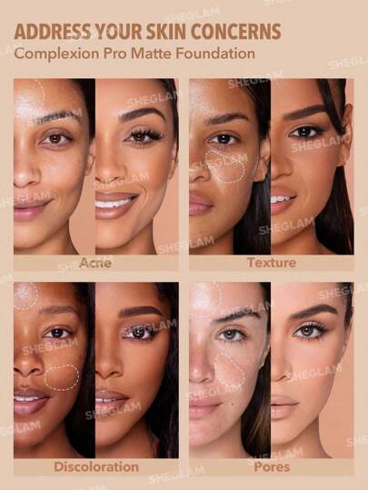 SHEGLAM كريم أساس مطفي يدوم طويلاً من Complexion Pro-مقاوم للتعرق، يتحكم في الزيوت، تغطية كاملة، خالٍ من المسام، خافي عيوب، مقاوم للماء، تغطية كاملة تدوم طويلاً، خالٍ من المسام، خالٍ من العيوب، يتحكم في الزيوت، لا يتلاشى، كريم أساس سائل خفيف الوزن وناع...