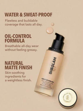 SHEGLAM كريم أساس مطفي يدوم طويلاً من Complexion Pro-مقاوم للتعرق، يتحكم في الزيوت، تغطية كاملة، خالٍ من المسام، خافي عيوب، مقاوم للماء، تغطية كاملة تدوم طويلاً، خالٍ من المسام، خالٍ من العيوب، يتحكم في الزيوت، لا يتلاشى، كريم أساس سائل خفيف الوزن وناع...