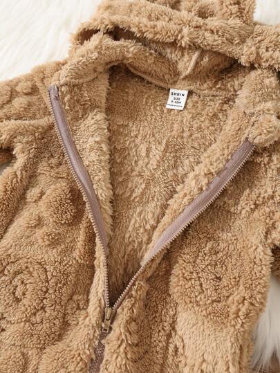 SHEIN جمبسوت رضيع ذات كابوشون مطبوعة برسوم كرتونية لطيفة من الفليس مناسبة للأولاد والبنات للخريف والشتاء، للاستخدام الداخلي والخارجي