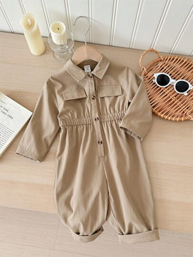 SHEIN LMoss Kids جمبسوت لحديثي الولادة للبنات، لون بني فاتح كيوت مع بنطال طويل، للخريف والشتاء