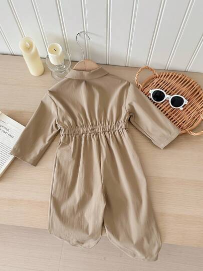 SHEIN LMoss Kids جمبسوت لحديثي الولادة للبنات، لون بني فاتح كيوت مع بنطال طويل، للخريف والشتاء