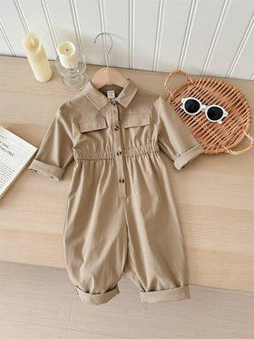 SHEIN LMoss Kids جمبسوت لحديثي الولادة للبنات، لون بني فاتح كيوت مع بنطال طويل، للخريف والشتاء