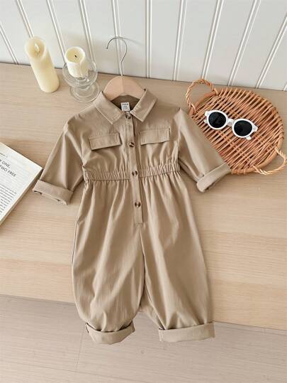 SHEIN LMoss Kids جمبسوت لحديثي الولادة للبنات، لون بني فاتح كيوت مع بنطال طويل، للخريف والشتاء