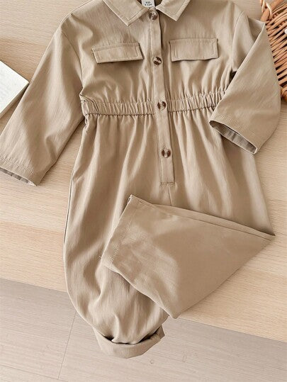 SHEIN LMoss Kids جمبسوت لحديثي الولادة للبنات، لون بني فاتح كيوت مع بنطال طويل، للخريف والشتاء