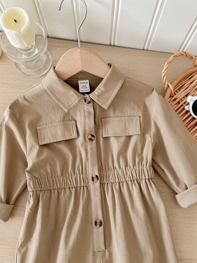 SHEIN LMoss Kids جمبسوت لحديثي الولادة للبنات، لون بني فاتح كيوت مع بنطال طويل، للخريف والشتاء