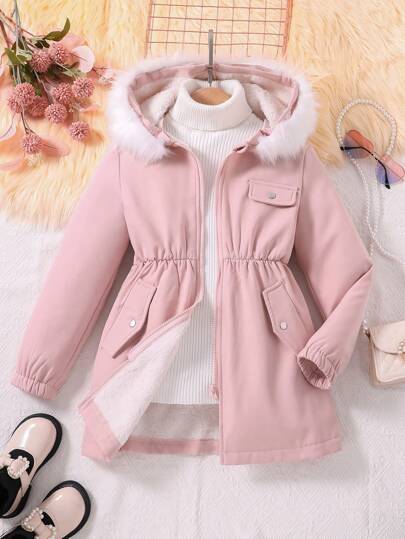 SHEIN Vintaside Kids معطف محشو باللمسات اللينة من قطع مختلفة وسحاب علوي للفتيات المراهقات، مبطن داخلياً لفصل الخريف/الشتاء