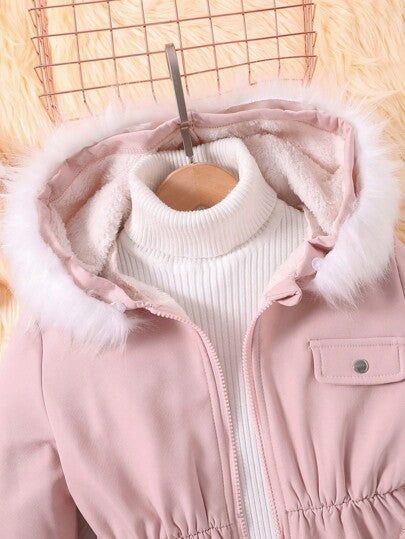 SHEIN Vintaside Kids معطف محشو باللمسات اللينة من قطع مختلفة وسحاب علوي للفتيات المراهقات، مبطن داخلياً لفصل الخريف/الشتاء