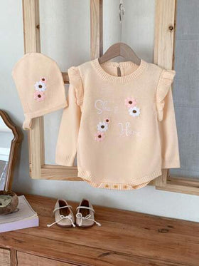 SHEIN مجموعة جمبسوت قفز للأطفال الرضع مع تطريز زهري 2 قطعة، جمبسوت قفز طويلة الأكمام + طقم قبعة