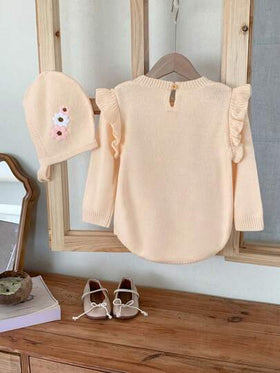 SHEIN مجموعة جمبسوت قفز للأطفال الرضع مع تطريز زهري 2 قطعة، جمبسوت قفز طويلة الأكمام + طقم قبعة