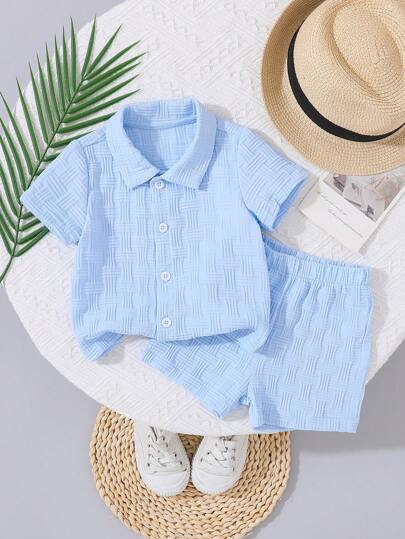 SHEIN Vintaside Kids طقم ملابس شارع أزياء بنطلون وقميص ذو ملمس للأطفال الصبية 2 قطعة