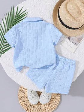 SHEIN Vintaside Kids طقم ملابس شارع أزياء بنطلون وقميص ذو ملمس للأطفال الصبية 2 قطعة