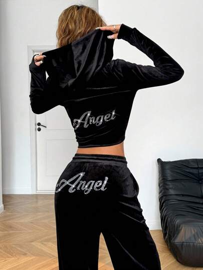 SHEIN EZwear ملابس علوية رياضية كاجوال للنساء ذات سحاب وجيب مزينة برينستون مخملية