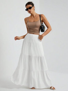 SHEIN Tall تنورة بطيّة بيضاء كبيرة للنساء مبطّنة باللون الأبيض، مناسبة للعطلات والخروج