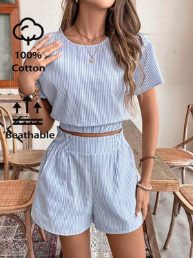 SHEIN Frenchy كروب توب بأكمام واسعة بتصميم خطوط مع شورت للاستخدام الصيفي
