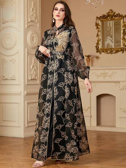 مجموعة قطعتين من الفستان العربي المحتشم للنساء بأكمام طويلة مزين بالراين بلوس ، جلالية