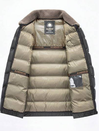 معطف رجالي لمتوسطي العمر، أنيق، ذو خطوط عمودية، جيبين مزدوجين، طوق من الفرو الصغير، جاكيت طويلة الأكمام كاجوال ودافئة للأب