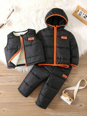 SHEIN 3قطع/طقم للأطفال الصغار البنين/البنات، مقاوم للحرارة مزود بغطاء للرأس مع جاكيت صدرية وبنطلون سميك، طقم من الطبقات الأساسية الدافئة للشتاء، مناسب للخارج والتزلج في الخريف والشتاء