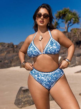 Swim Vcay طقم ملابس سباحة كبير الحجم من ملابس علوية وأسفل مطبوع بالكامل بتصميم العنق الحلقي والرباط الخلفي للصيف