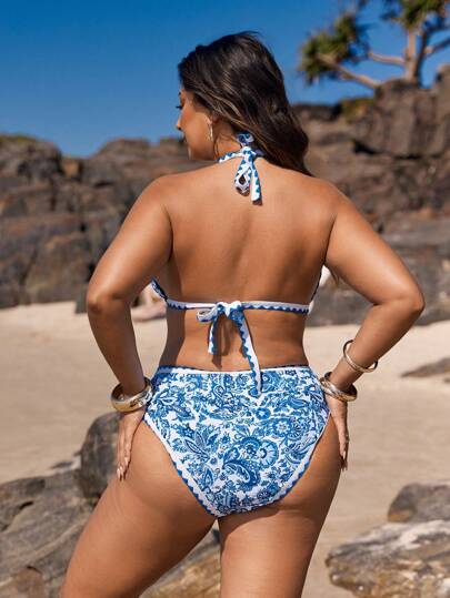 Swim Vcay طقم ملابس سباحة كبير الحجم من ملابس علوية وأسفل مطبوع بالكامل بتصميم العنق الحلقي والرباط الخلفي للصيف