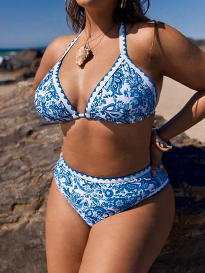 Swim Vcay طقم ملابس سباحة كبير الحجم من ملابس علوية وأسفل مطبوع بالكامل بتصميم العنق الحلقي والرباط الخلفي للصيف
