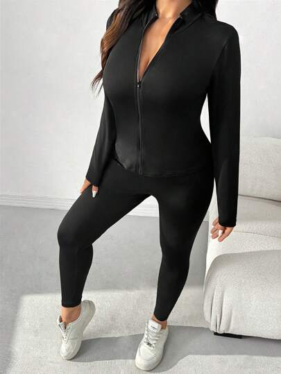 EZwear طقم سراويل ضيقة مشكلة عالية الإطالة مقاس كبير أسود