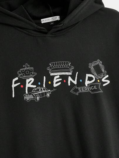 FRIENDS X SHEIN بلوزة رياضية ذات كابوشون بسحاب وطباعة حرفية منخفضة الكتف للرجال ، ربيع وخريف