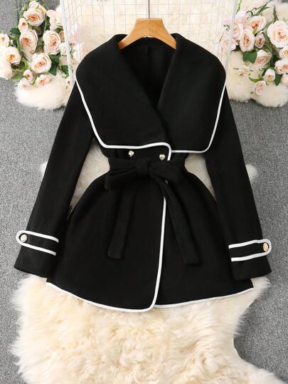 SHEIN Clasi جاكيت نسائية أنيقة ذات جودة مميزة بتصميم ياقة وحزام بألوان متباينة