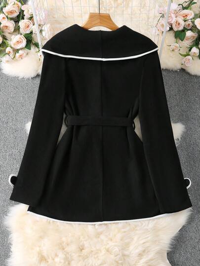 SHEIN Clasi جاكيت نسائية أنيقة ذات جودة مميزة بتصميم ياقة وحزام بألوان متباينة