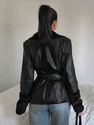 EZwear جاكيت كاجوال مصنوعة من قماش PU باللون الأحادي طويلة الأكمام مع جيوب واحبال ربط الخصر