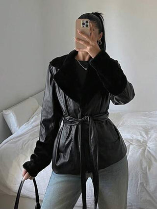 EZwear جاكيت كاجوال مصنوعة من قماش PU باللون الأحادي طويلة الأكمام مع جيوب واحبال ربط الخصر