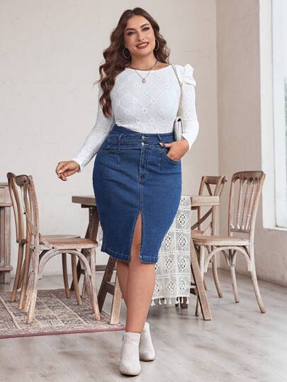 EMERY ROSE تنورة جينز قلم قصيرة بشق الأرجل مع جيوب للنساء بمقاسات كبيرة