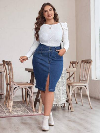 EMERY ROSE تنورة جينز قلم قصيرة بشق الأرجل مع جيوب للنساء بمقاسات كبيرة